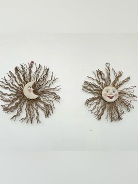 Celestial Sun and Moon Wall Hanging Set - Neutral Ceramic Faces